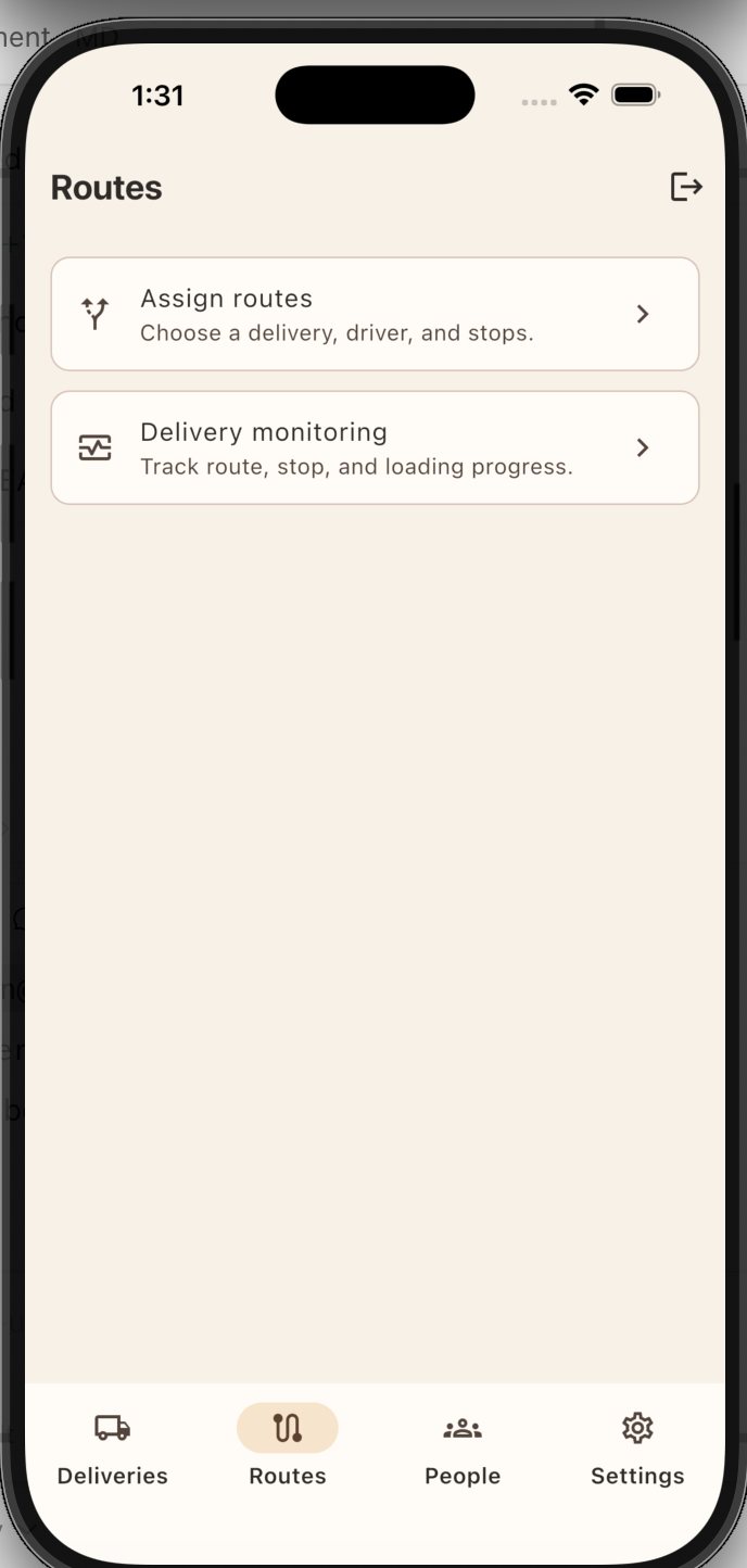 Bakery Delivery routes screen
